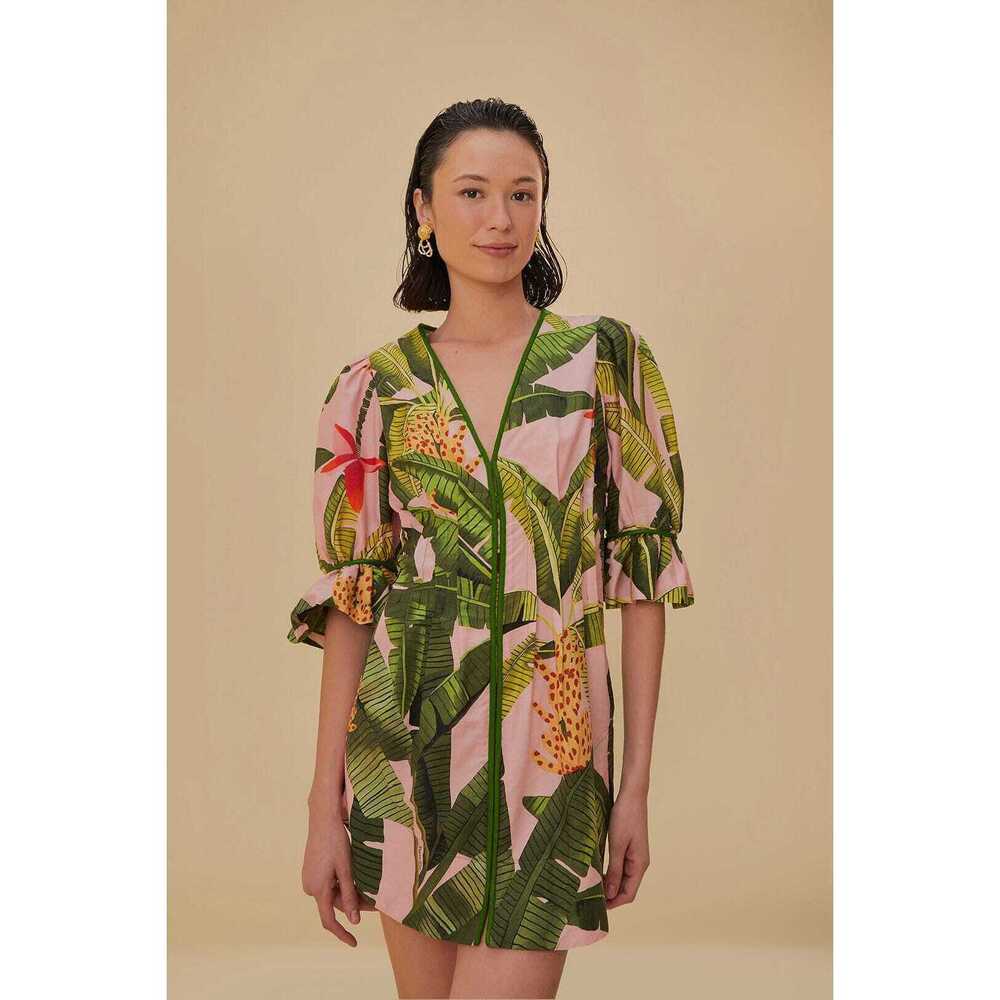 Pink Banana Leaves V Neck Mini Dress